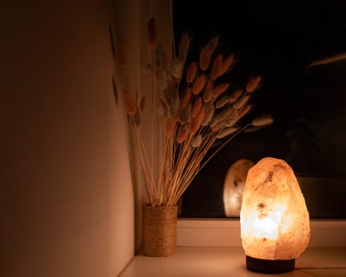 glass-lamp-with-stone-base-plant-background-warm-light-room-lighting